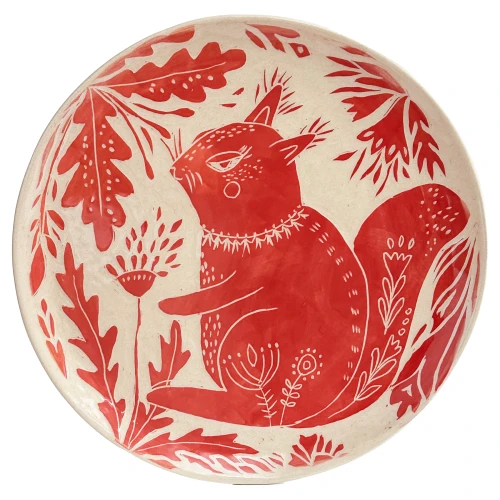 Wiewiórka wśród liści i kwiatów | talerz sgraffito, Ø 23 cm